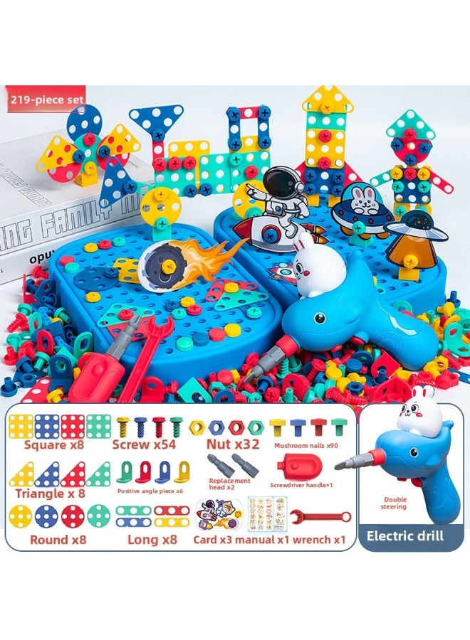Diy Assembling Screw Tool Children's Electric Drill Screw Toy Dinosaur Set Box Puzzle Simulation Nut Combination-Color:[Blue] Universe Electric Drill 219 Piece Set [E-commerce Box]]  - Image 1