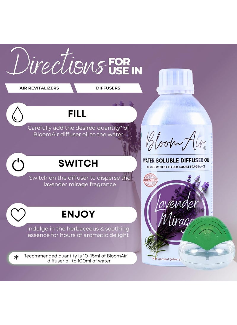 BloomAir Lavender Mirage Diffuser Oil 1 Litre Refill Strong LongLasting Aroma Oil Liquid with 3X Hyper Boost Action Home Fragrance for Water Base Diffuser Machine and Air Humidifier Revitalizers
