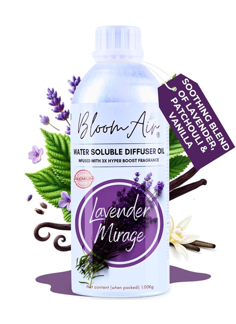 BloomAir Lavender Mirage Diffuser Oil 1 Litre Refill Strong LongLasting Aroma Oil Liquid with 3X Hyper Boost Action Home Fragrance for Water Base Diffuser Machine and Air Humidifier Revitalizers