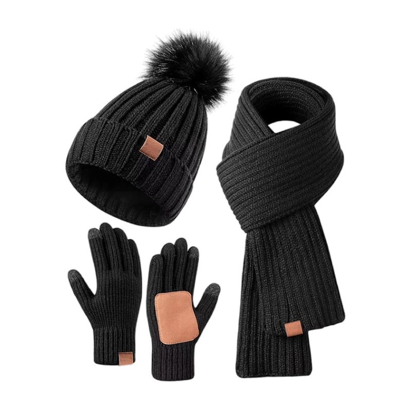 Knitted Beanie Scarf Gloves Set for Women Kids Black with leather palms and no logo