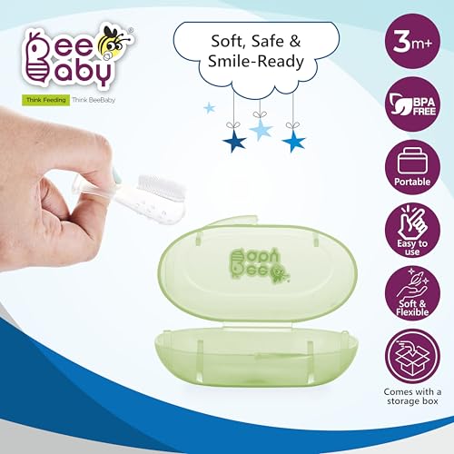 BeeBaby Soft Silicone Baby Finger Toothbrush with Carrying Case | BPA-Free Oral Care Brush for Newborns & Infants | Gentle Gum Massager for 0-12 Months | Baby Dental Hygiene Essentials. Pack of 2 Green - Image 2