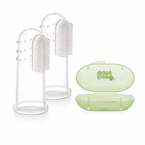 BeeBaby Soft Silicone Baby Finger Toothbrush with Carrying Case | BPA-Free Oral Care Brush for Newborns & Infants | Gentle Gum Massager for 0-12 Months | Baby Dental Hygiene Essentials. Pack of 2 Green - Image 1