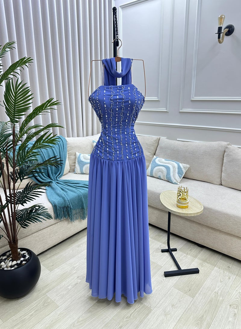 Long Sleeveless Evening Dress with Sequin Embroidery and Neck Tie - Image 1