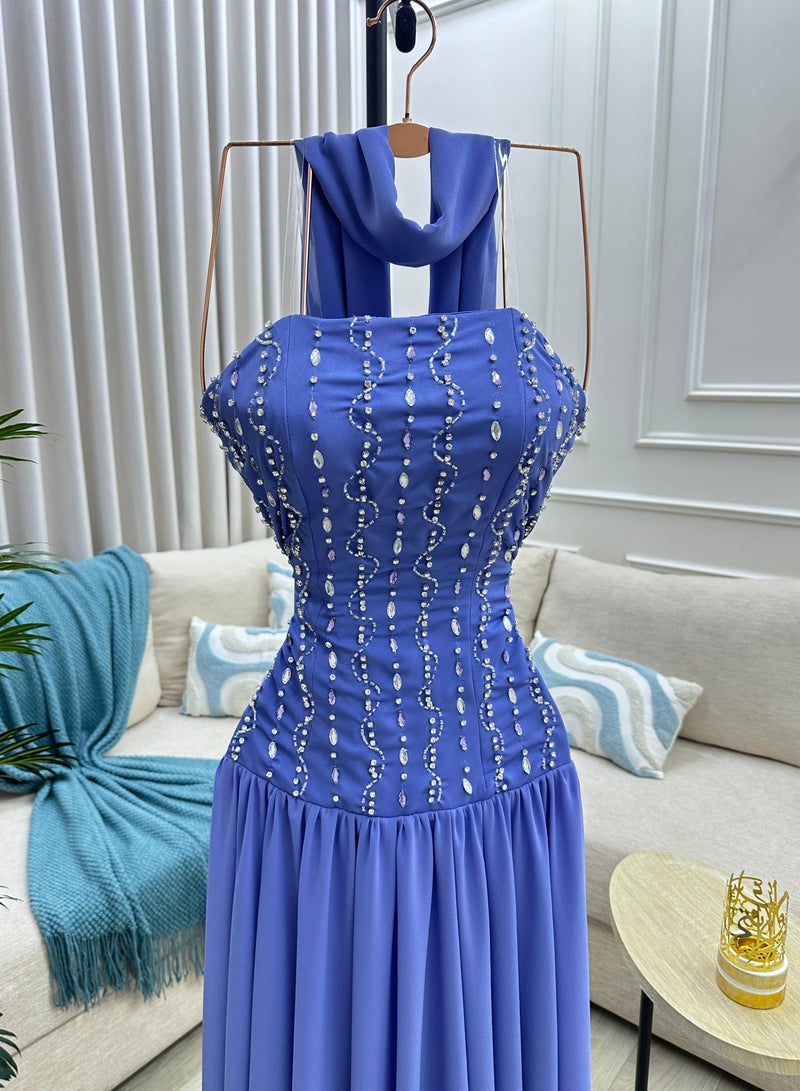 Long Sleeveless Evening Dress with Sequin Embroidery and Neck Tie - Image 2