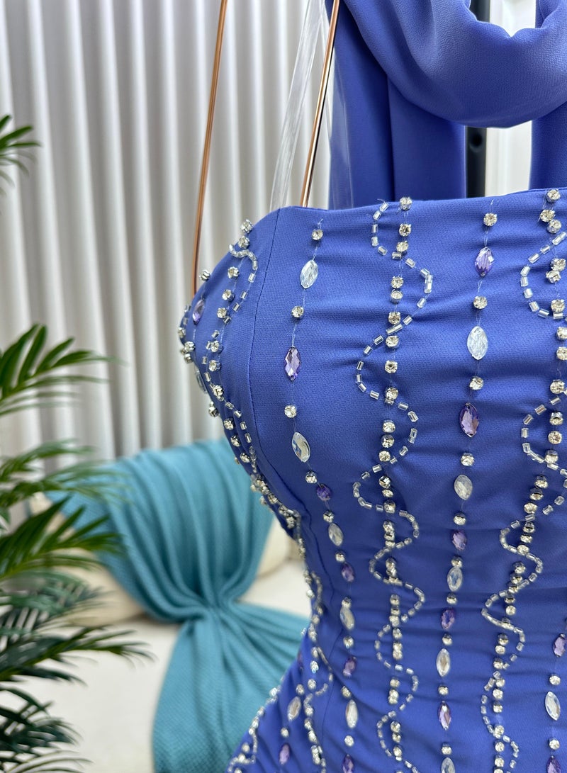 Long Sleeveless Evening Dress with Sequin Embroidery and Neck Tie - Image 3