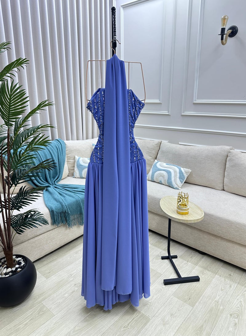 Long Sleeveless Evening Dress with Sequin Embroidery and Neck Tie - Image 4