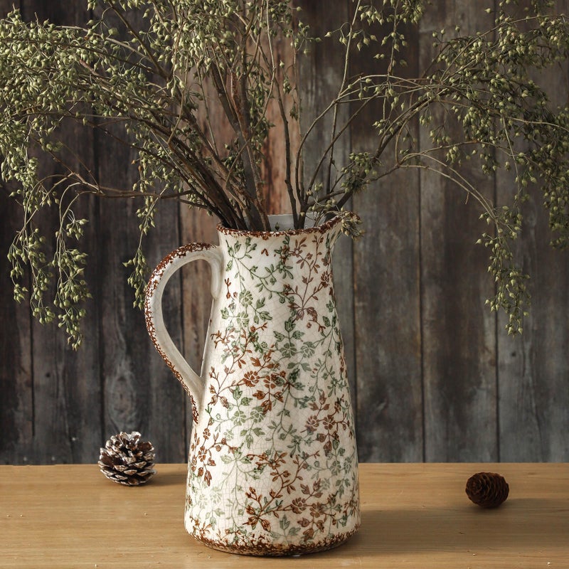 Enra Pitcher vase with Handle122 in Ceramic Vintage Chinoiserie Floral VaseGreen and Beige Decorative Flower vaseLarge Rustic Vases for Home Decors Living Room Bookshelf Office