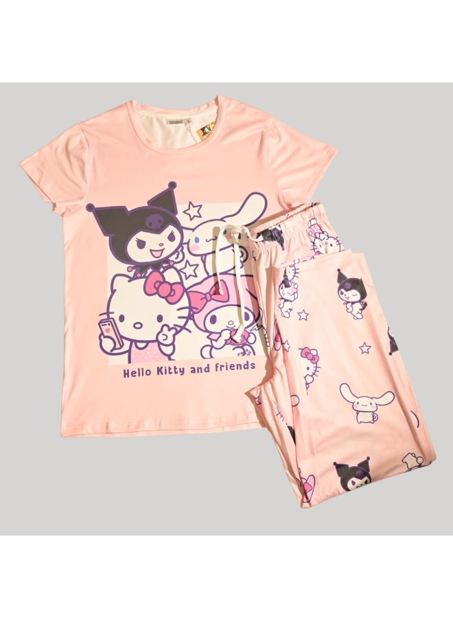 هالو كيتي طقم بيجامة نسائي بأكمام قصيرة من هالو كيتي، بوليستر حريري - Image 2