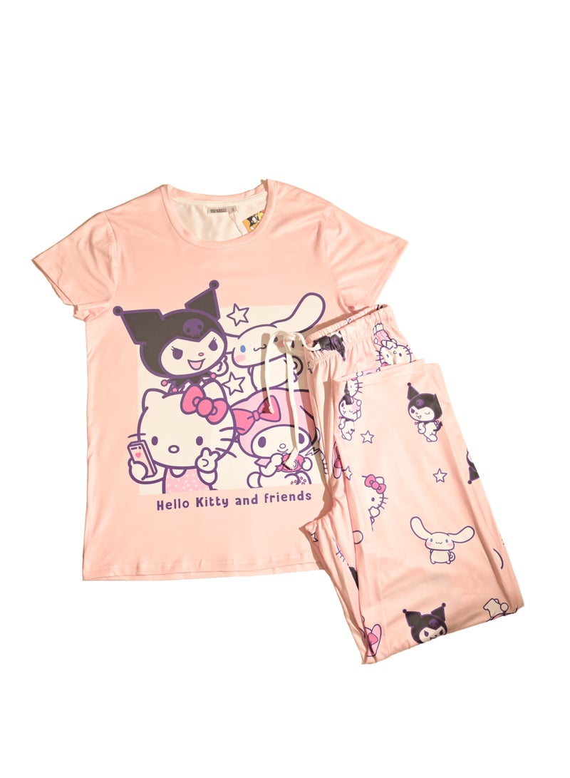 هالو كيتي طقم بيجامة نسائي بأكمام قصيرة من هالو كيتي، بوليستر حريري - Image 1