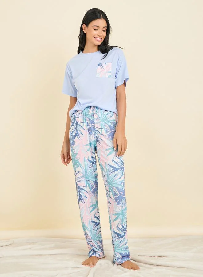Styli Tropical Palm Pocket Print T-shirt and Pyjama Set