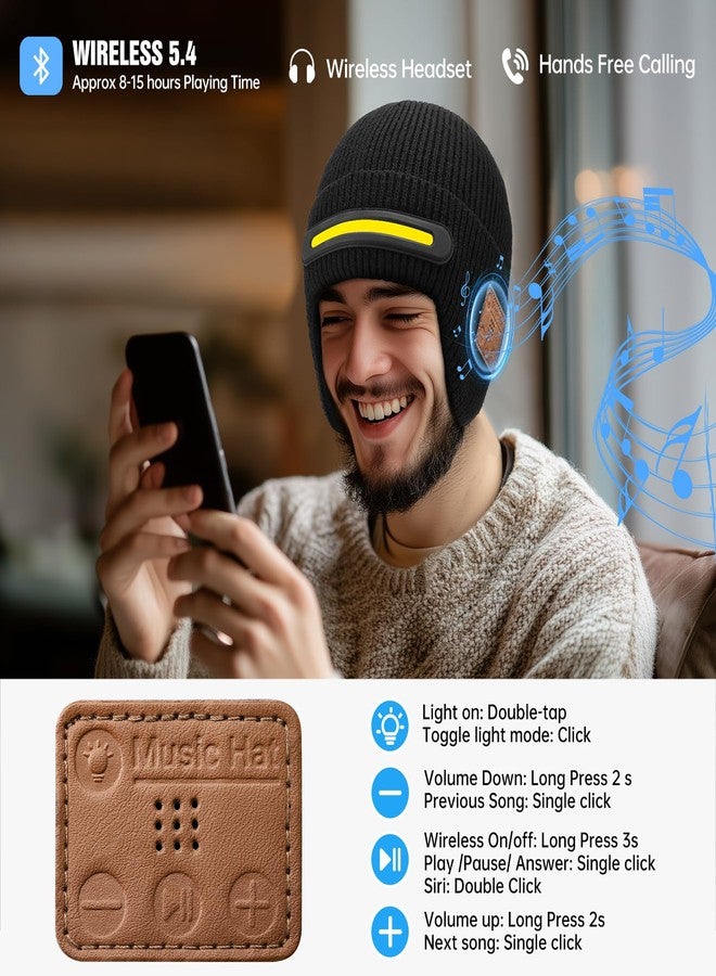 musIc Bluetooth Beanie with Light, Headlamp Hat with Headphones and Built-in Speaker Mic, Unique Christmas Birthday Gifts for Men Him Husband Teen Black - Image 3