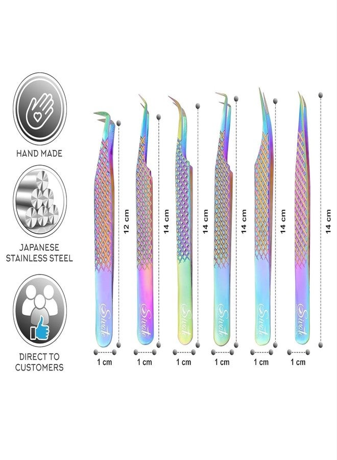 SIVOTE Eyelash Extension Tweezers Fiber Tips, Set of 6, Curved, Dolphin, 90 Degree 45 Degree, Volume Boot & Slight Curved Tweezer, Rainbow - Image 4