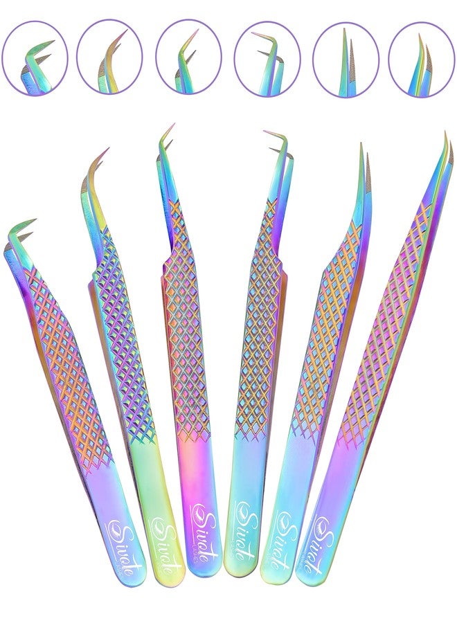 SIVOTE Eyelash Extension Tweezers Fiber Tips, Set of 6, Curved, Dolphin, 90 Degree 45 Degree, Volume Boot & Slight Curved Tweezer, Rainbow - Image 1