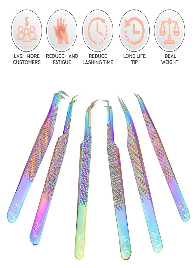 SIVOTE Eyelash Extension Tweezers Fiber Tips, Set of 6, Curved, Dolphin, 90 Degree 45 Degree, Volume Boot & Slight Curved Tweezer, Rainbow - Image 5