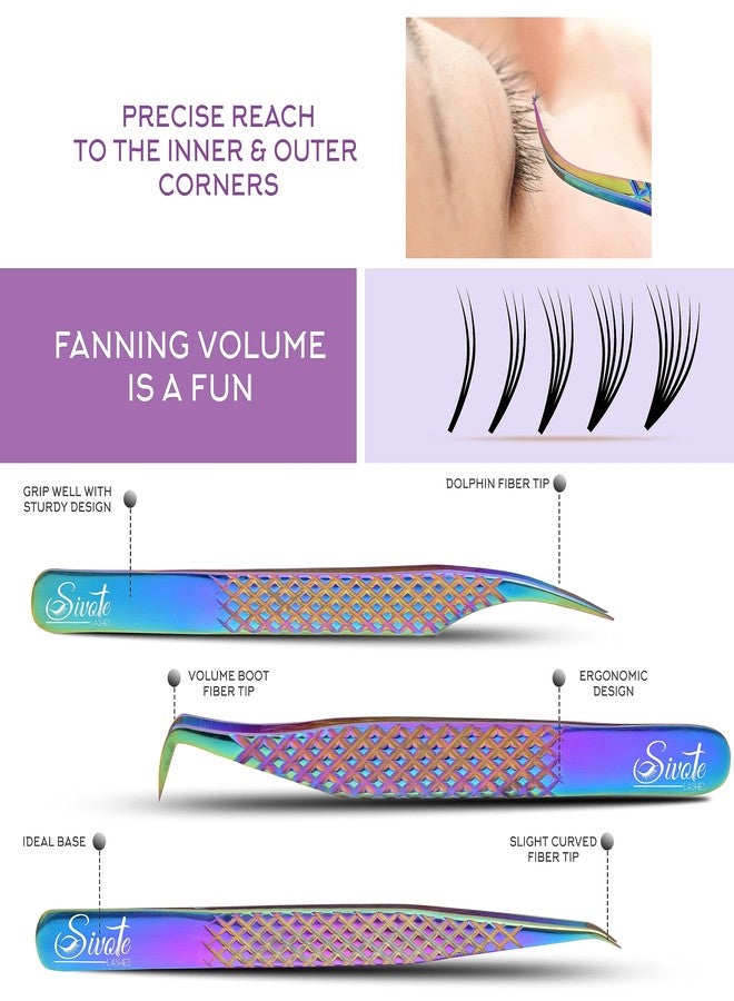 SIVOTE Eyelash Extension Tweezers Fiber Tips, Set of 6, Curved, Dolphin, 90 Degree 45 Degree, Volume Boot & Slight Curved Tweezer, Rainbow - Image 3