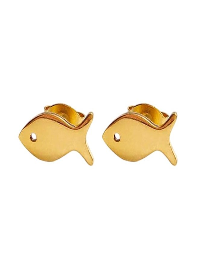 OIDIMS Cute Small Fish Stud Earrings for Women 14k Gold-Tone Plated Polished Dainty Tiny Fish Animal Studs Cartilage Post Pin Earring Minimalist Daily Wear Holiday Jewelry for Sensitive Ear Daughter (Gold-Tone) - Image 1