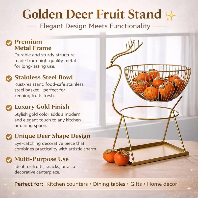 Golden Deer Fruit Stand – Metal Frame with Stainless Steel Bowl, Decorative Fruit Basket Organizer for Kitchen & Dining Table, Gold Finish, 30×20×27 cm - Image 2