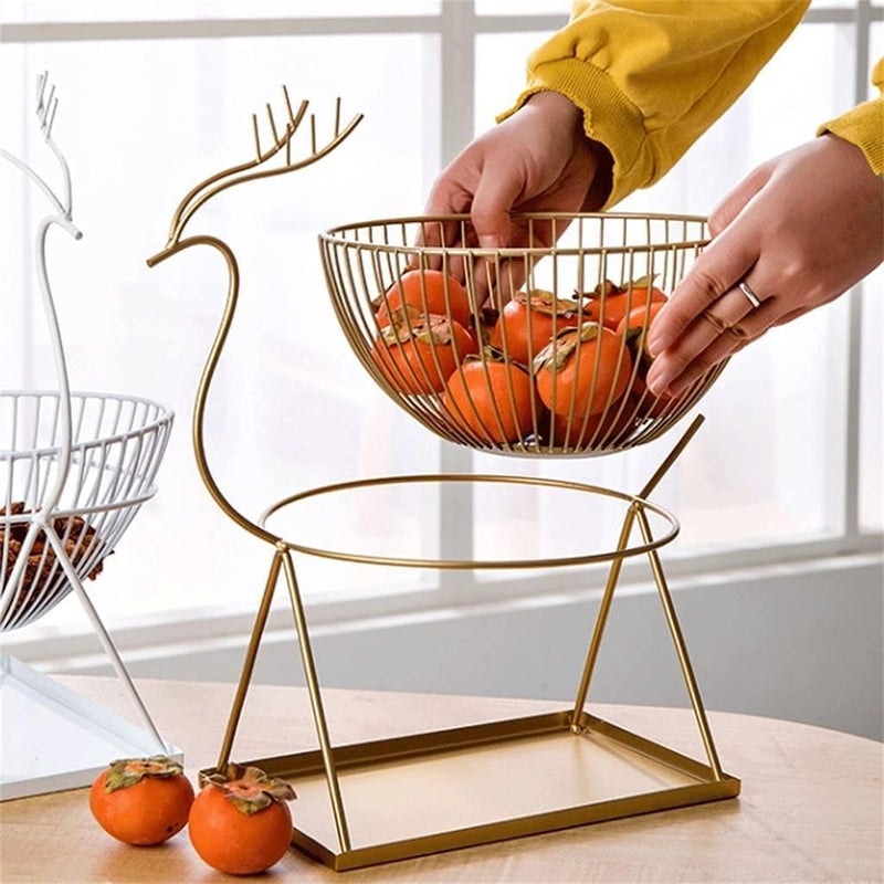 Golden Deer Fruit Stand – Metal Frame with Stainless Steel Bowl, Decorative Fruit Basket Organizer for Kitchen & Dining Table, Gold Finish, 30×20×27 cm - Image 1