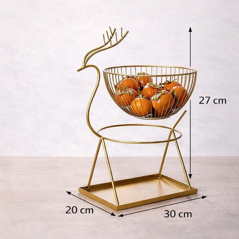 Golden Deer Fruit Stand – Metal Frame with Stainless Steel Bowl, Decorative Fruit Basket Organizer for Kitchen & Dining Table, Gold Finish, 30×20×27 cm - Image 4