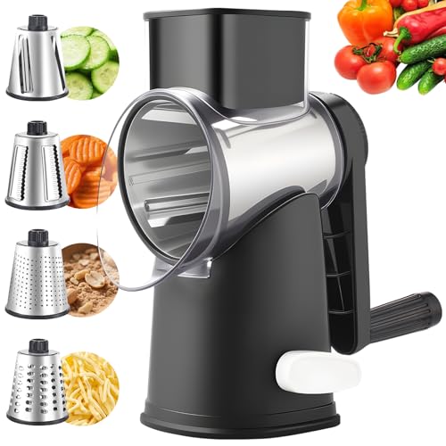 Weltonhm Rotary Cheese Graters with 4 Blades Hand Crank Cheese Grater with Waffle Slicer Black and White Cheese Shredder with Suction Base Easier for Shredding Grating Black 4 Graters - Image 1
