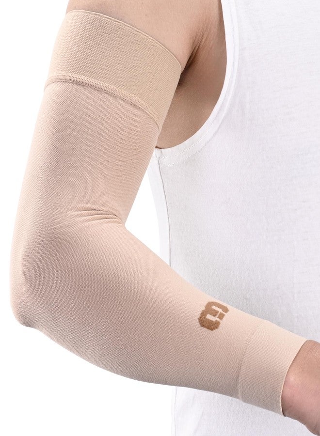 MGANG Lymphedema Medical Compression Arm Sleeve 15-20 mmHg, Full Arm Support with Silicone Band, Relieve Swelling Edema Post Surgery Recovery for Women Men, Daily Wear & Work, Beige XL - Image 1