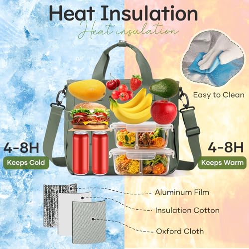 UPPACK Insulated Lunch Bag Women Large Lunch Tote Bag Box Bags Boxes with Shoulder Strap Adult for Women Men Work Grey Green with Water Bottle Holder - Image 4