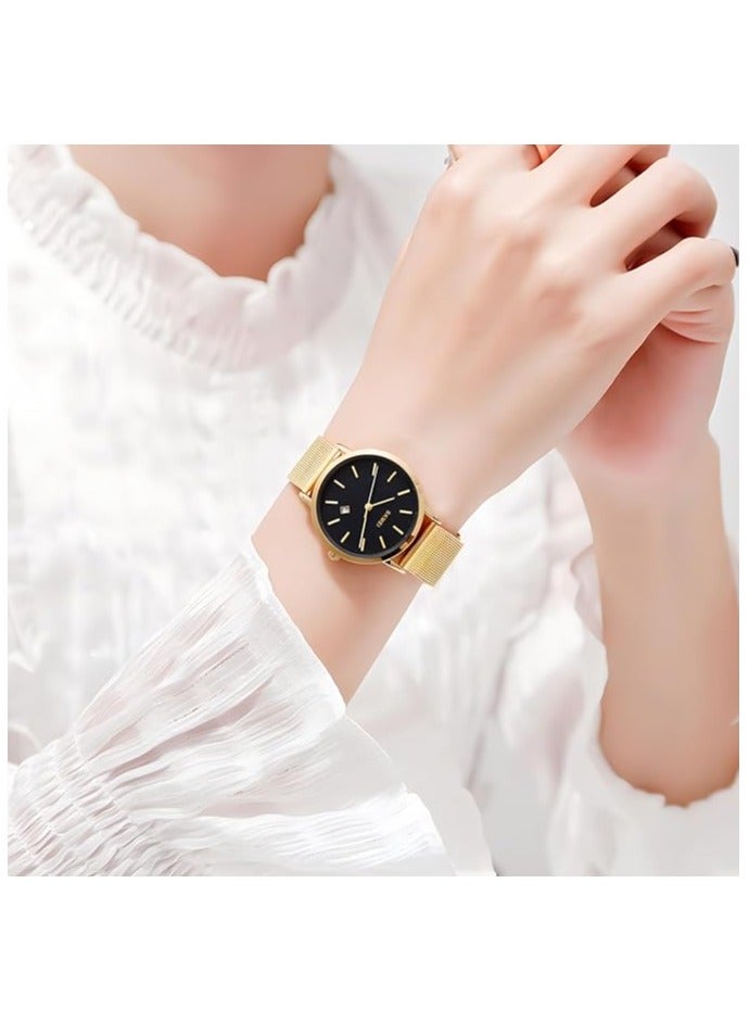 سكمي ساعات SKMEI للسيدات باللون الأسود الرفيع الفاخر من الفولاذ المقاوم للصدأ، ساعات يد أنيقة مقاومة للماء للسيدات مع التاريخ - Image 5