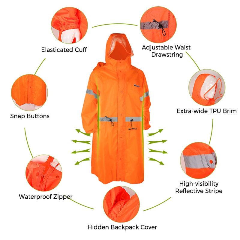 Hooded Rain Poncho for Adults High-visibility Reflective Waterproof Raincoat Jacket with Backpack Cover for Men Women Outdoor Rain Gear - Image 3