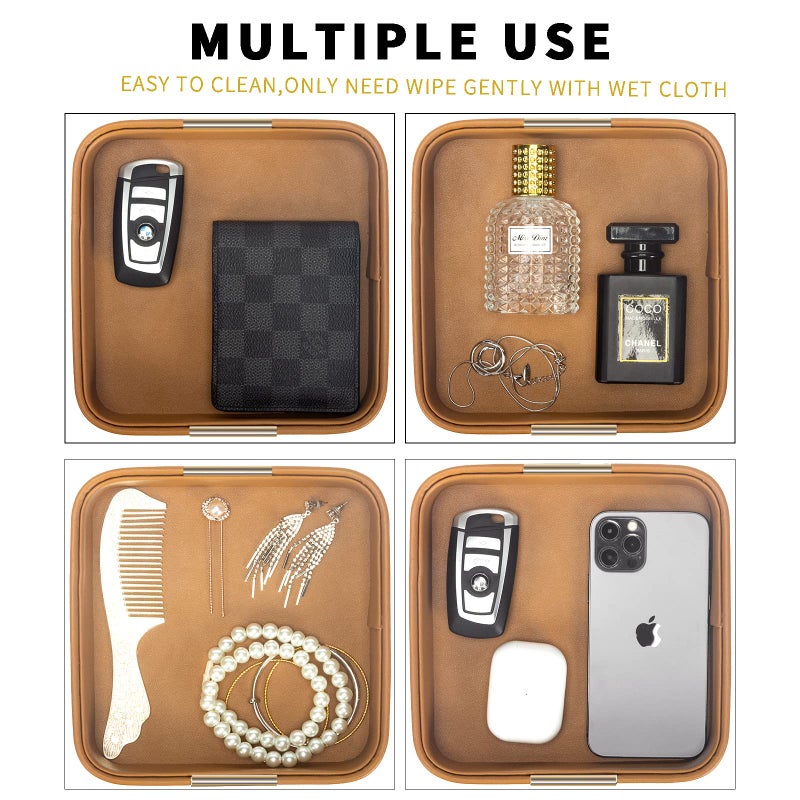 SANZIE Luxury Leather Desktop Storage Small Catchall Organizer Decorative Tray for Entryway Table to Hold Jewelry Watch Cosmetics Keys Phone Wallet, Home & Office Accessories (Metal Glided, Orange) - Image 3