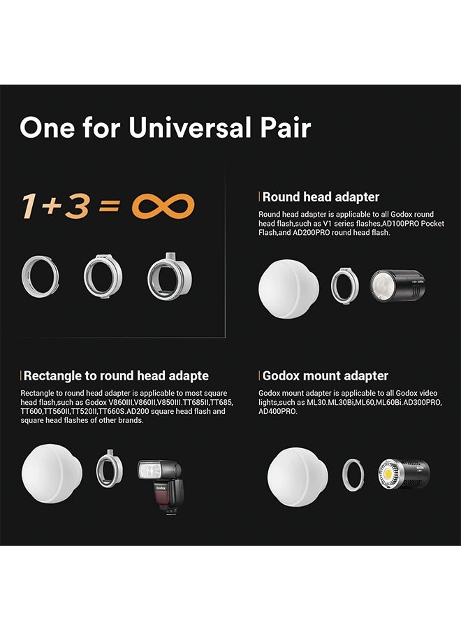 Godox - Godox ML-CD15 Diffusion Dome with 3 adapters, Flash Light Diffuser, Compatible for Godox V1 Series ML30 ML60 ML60BI AD200 AD200PRO AD300PRO AD400PRO V1S V1C V1N V1F V1O V860III-S TT685S TT660S - Image 1
