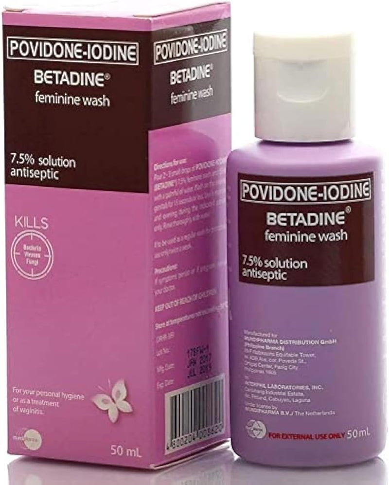 Betadine Povidone-Iodine Feminine Wash - 7.5% Solution Antiseptic - Kills Bacteria, Virus & Fungi - Relieves Itching & Irritation - Treatment of Vaginitis - 50ml