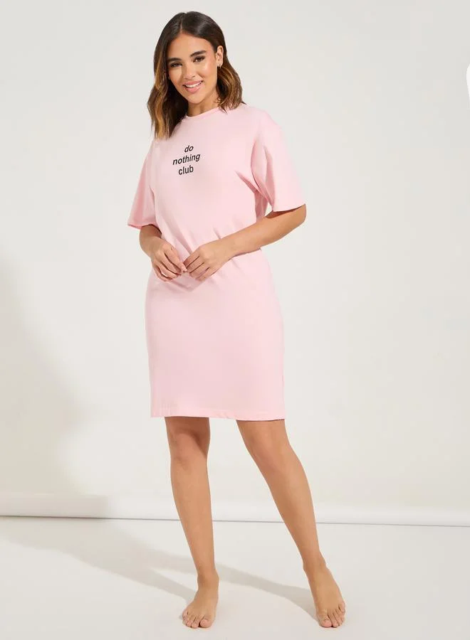 Styli Cotton Drop Shoulder Slogan Sleep T-Shirt Dress