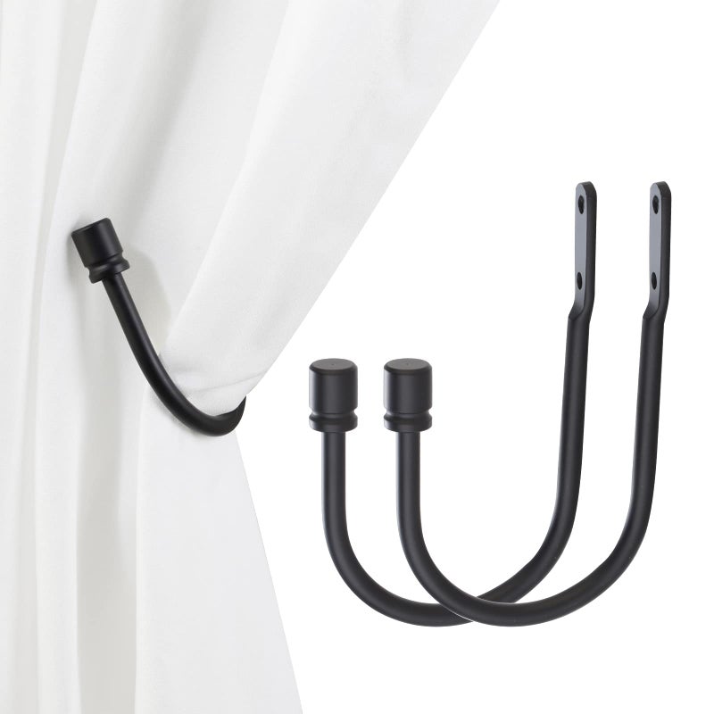 Arnorx 2 PCS Curtain Holdbacks Metal Decorative Curtain Tiebacks with End Cap Finials Wall Mounted Window Drapery Holdback Hooks for Livingroom and Bedroom Matte Black