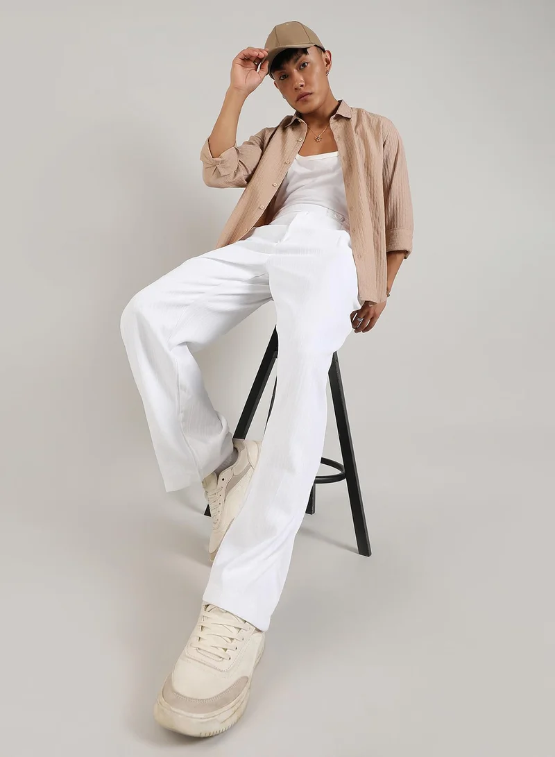 Campus Sutra Campus Sutra Men's Chalk White Tailored Linen-Blend Trousers For Casual Wear | Tailored-Fit | Mid-Rise | Button Closure | Trousers Crafted With Comfort Fit For Everyday Wear