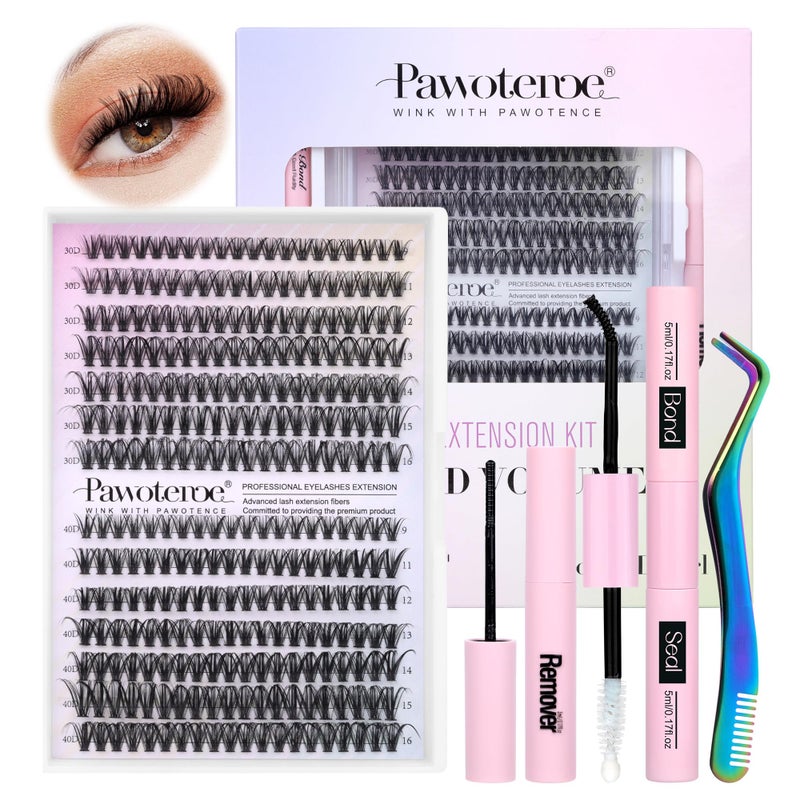 Pawotence Lash Extension Kit DIY 280pcs Individual Lash Clusters Kit 30D 40D Cluster Eyelash Extensions Kit with Lash Bond and Seal Lash Remover Lash Tweezers for Self Use 30D40D 916mm All Kit