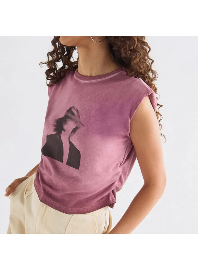 Splash FAV Printed Sleeveless T-shirt with Ruched Detail