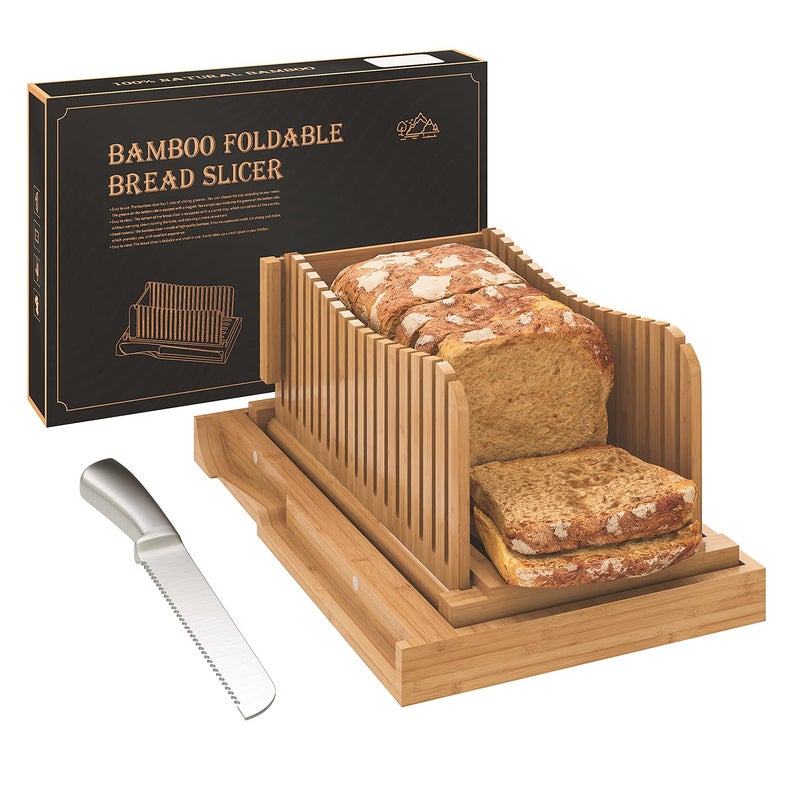 Bamboo Bread Slicer with Serrated Knife Adjustable Guide for 3 Thickness Sizes Foldable Chopping Board with Crumb Tray Great for Homemade Bread Cakes Bagels