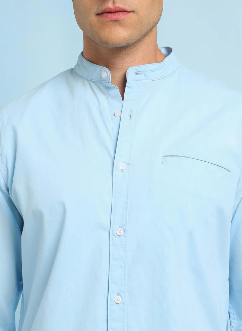 Dennis Lingo Men's Sky Blue 100% Cotton Solid Button Down Regular Fit Shirt