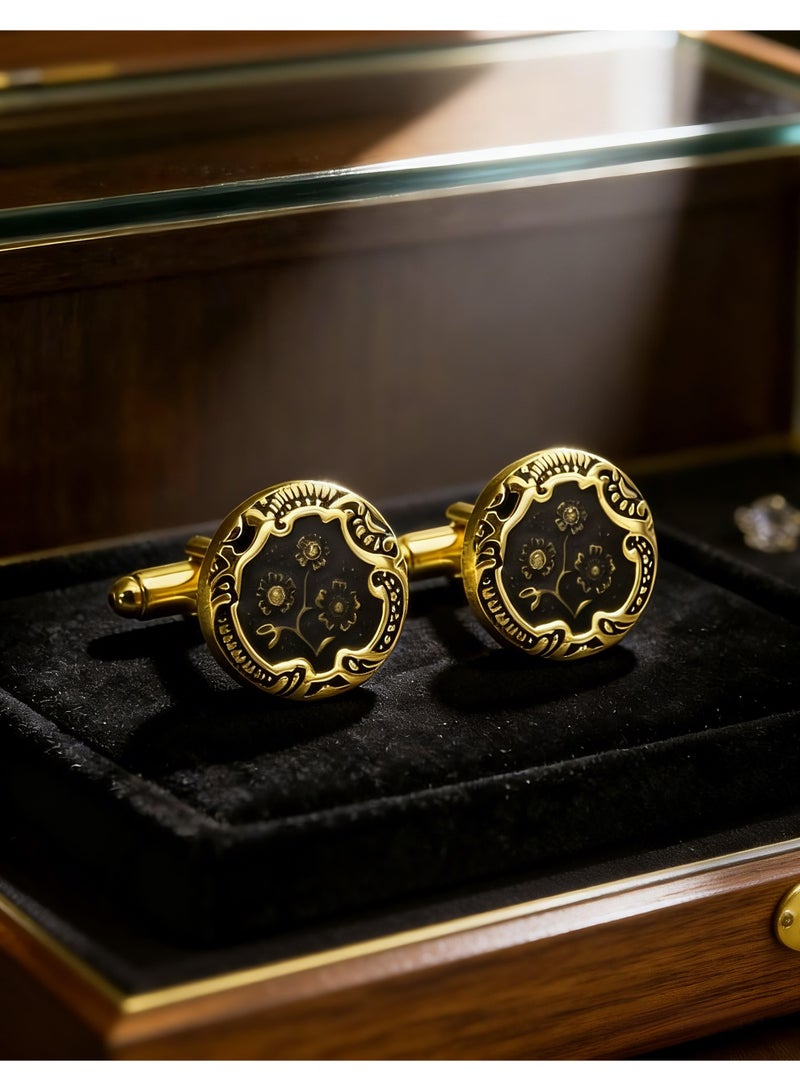 HomeNoor Vintage Gold Floral Enamel Cufflinks, Elegant Formal French Cufflinks for Business, Wedding and Daily Wear, Stylish Shirt Cuff Links for Special Events, Perfect Gift Idea for Men & Women - Image 1