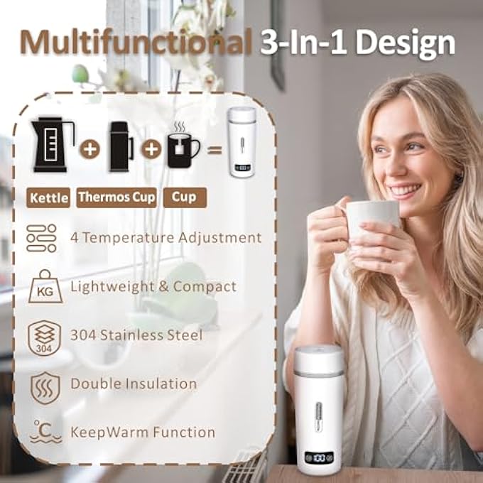 يمي غلاية كهربائية محمولة للسفر، غلاية ماء ساخن صغيرة للشاي، قهوة، حليب حليب 350 مل، سخان ماء صغير من الفولاذ المقاوم للصدأ مع 4 درجات حرارة قابلة للتعديل، أبق دافئا، أوتوماتيكي مغلق لرحلة المكتب، سيارة مكتب - Image 2