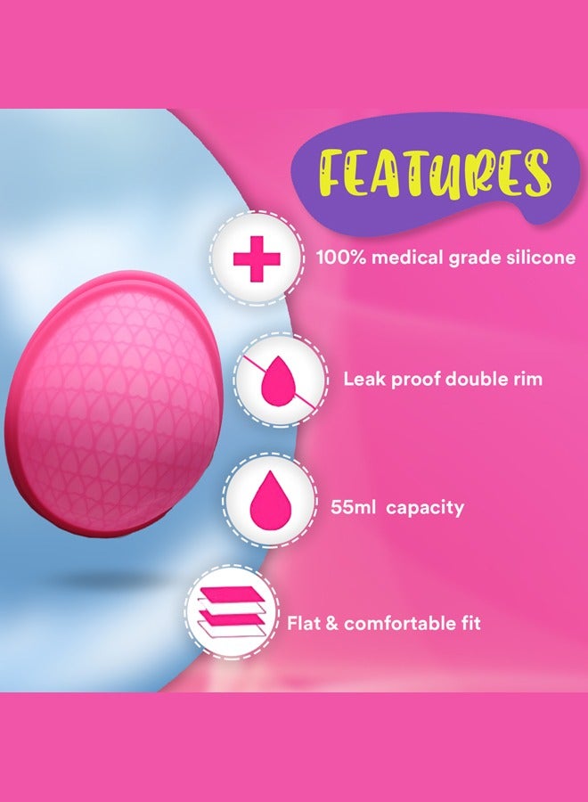 LEMME BE Reusable Menstrual Cup Disc for Women with a Soft Pouch 100% Medical Grade Silicone FDA Approved, Rash Free, 12 hours Protection Holds up to 55ml, Medium (Pink) - Image 2
