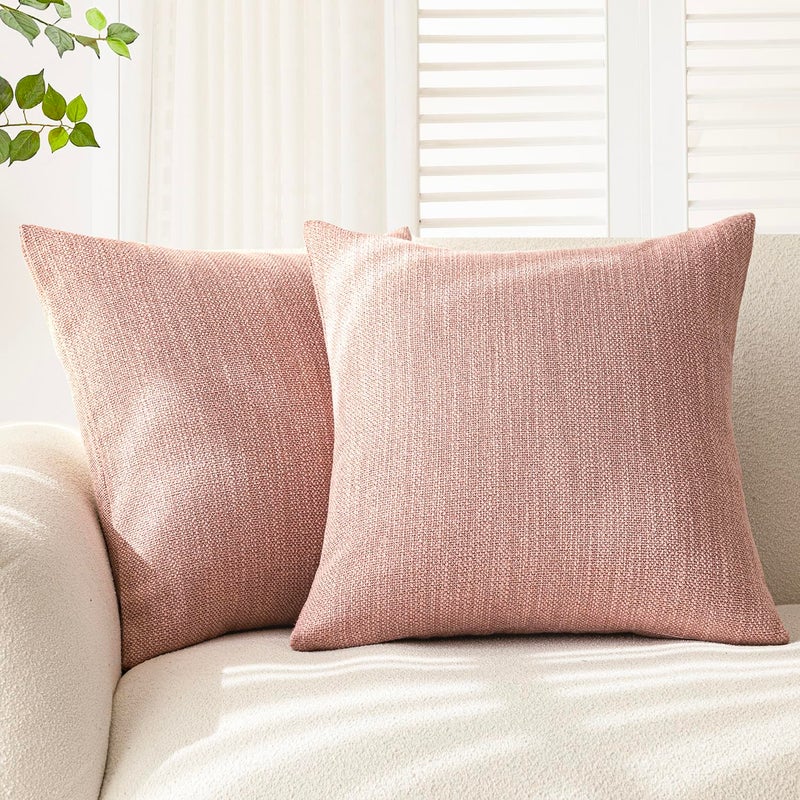 Foindtower Set of 2 Decorative Textured Burlap Linen Throw Pillow Covers Farmhouse Boho Cushion Cover Solid Accent Pillowcase for Couch Sofa Bed Living Room Home Decor,18×18 Inch,Dusty Pink - Image 1