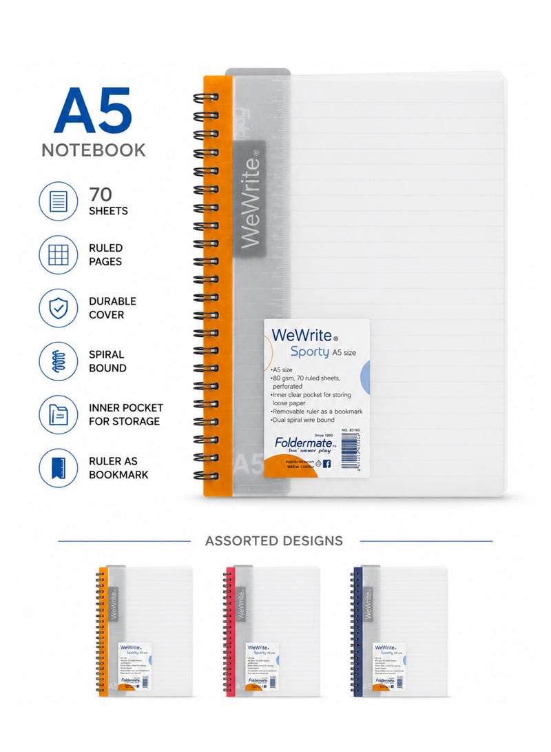 Foldermate 1-Piece A5 Size Spiral Lined Notebook 70 Sheets Assorted Colours - Image 1
