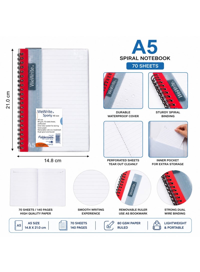 Foldermate 1-Piece A5 Size Spiral Lined Notebook 70 Sheets Assorted Colours - Image 2