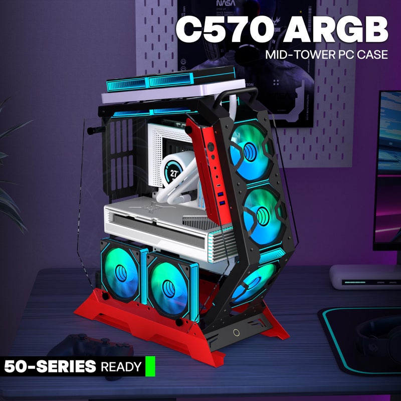 KEDIERS PC Case C570 ATX Mid Tower Tempered Glass Gaming Computer Open Frame Case with 5 PWM ARGB Fans (570 red) - Image 2