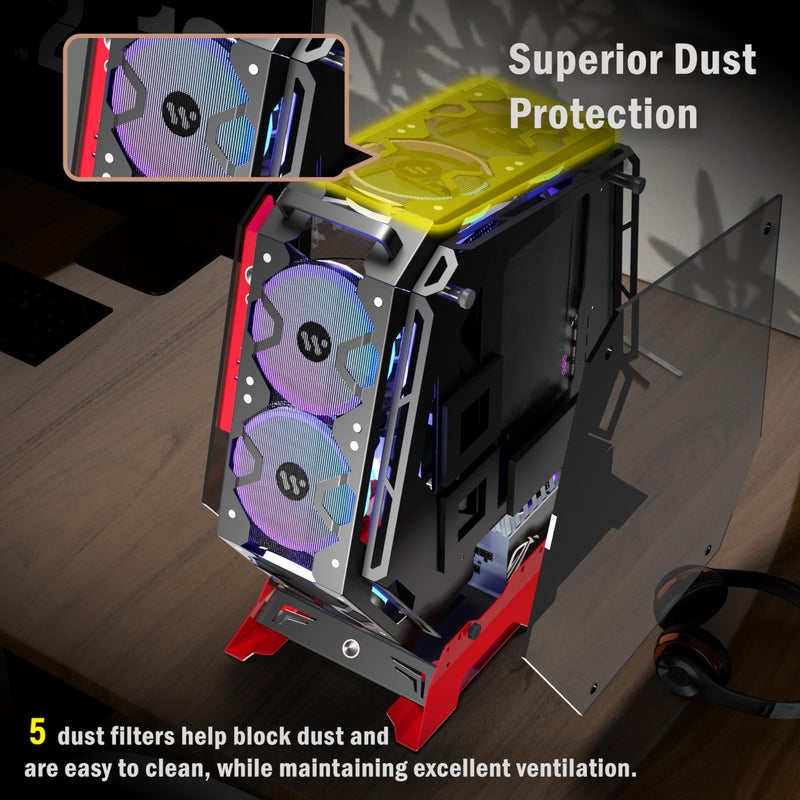 KEDIERS PC Case C570 ATX Mid Tower Tempered Glass Gaming Computer Open Frame Case with 5 PWM ARGB Fans (570 red) - Image 5