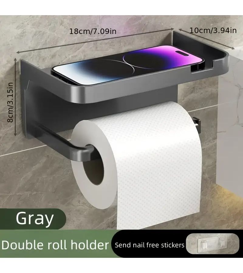 Premium Gray Plastic Self Adhesive Wall Mount Bathroom Tissue Holder With Storage Shelf For Toilet Paper Towels Smartphones And Watches Home Hotel Bathroom - Image 1