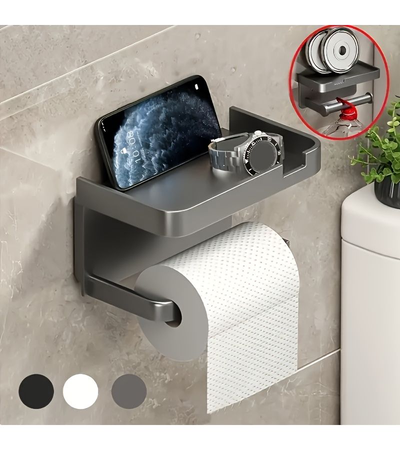 Premium Gray Plastic Self Adhesive Wall Mount Bathroom Tissue Holder With Storage Shelf For Toilet Paper Towels Smartphones And Watches Home Hotel Bathroom - Image 2