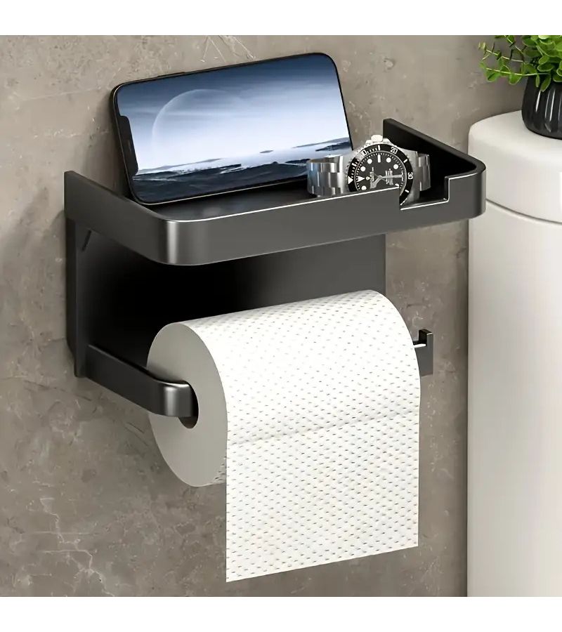Premium Gray Plastic Self Adhesive Wall Mount Bathroom Tissue Holder With Storage Shelf For Toilet Paper Towels Smartphones And Watches Home Hotel Bathroom - Image 3
