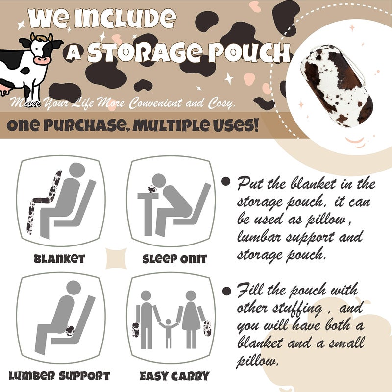 Bnuitland Bnuitland Brown Cow Print Blanket with Cow storage pouch 300 GSM Double Sided Outdoor Lap Throw Gift Blanket for Adults and Kids Lightweight Fuzzy Decor Blanket Super Soft Cozy Flannel Bed Throw  - Image 2